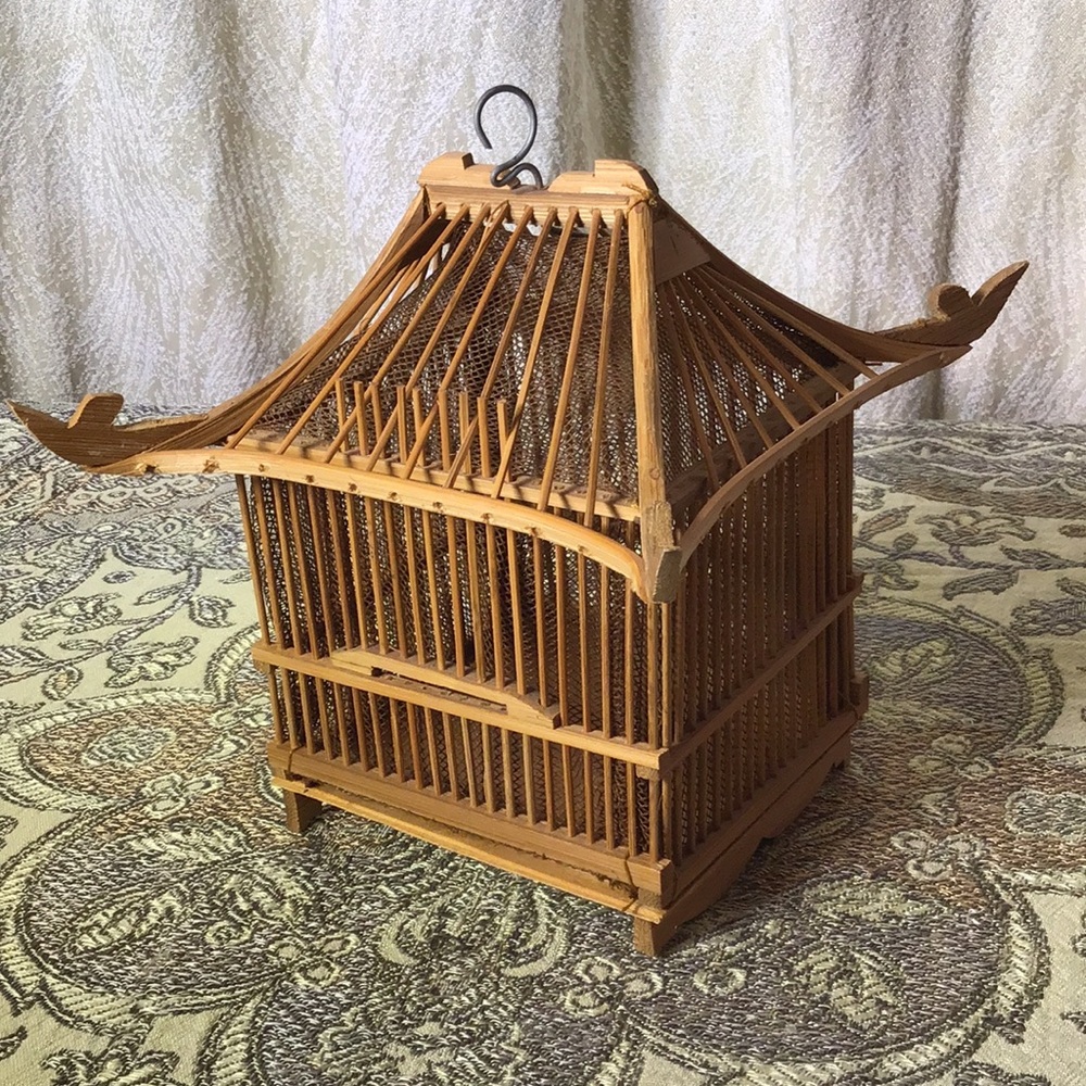 Antique bamboo Asian cricket cage hanging decor traditional Pagoda Good Luck